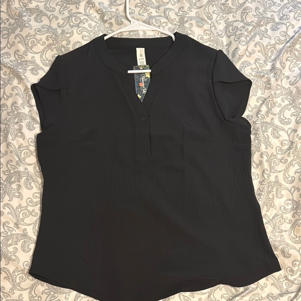Black Cap Sleeve Fitted Blouse with Rounded Neckline